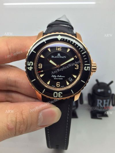 Swiss Grade Replica Blancpain Fifty Fathoms watch - Rose Gold Black Dial